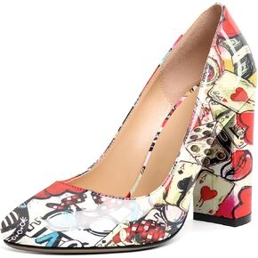 SAMMITOP Women's Round Toe Block Heel Pumps Slip On Chunky Patent High Heels Classic Wedding Dress Shoes for Party Events 4 Inches