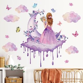 Fairy Girl Wall Sticker Purple Flower Moon Clouds Wall Decals Purple Princess Girl Rose Wall Art Colorful Butterflies Floral Vinyl Removable Wall Decor for Kids Bedroom Nursery Decoration 8763