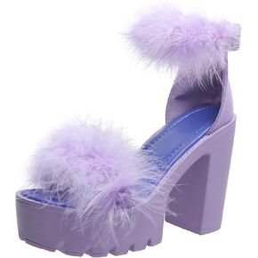 YSMIIH Women'S Faux Fur Chunky Heel Sandals Platform Open Toe Fuzzy Ankle Strap Sexy Colorful Wedding Dress Heels