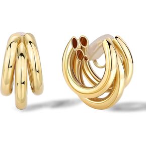 FAN&LOUIS Clip On Earrings Women,Thick Gold Hoop Clip On Hoops Earrings 14K Real Gold Huggie for Non-Pierced Ears Women