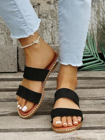 Verdusa Women's Open Toe Beach Summer Flats Suedette Suedette Slide Skidals Black 8 in Kuwait
