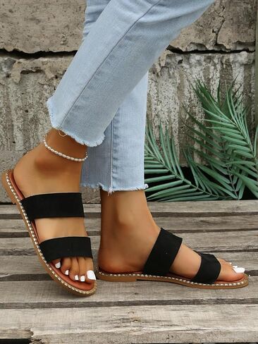 Verdusa Women's Open Toe Beach Summer Flats Suedette Suedette Slide Skidals Black 8 in Kuwait