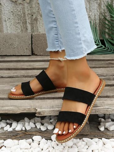 Verdusa Women's Open Toe Beach Summer Flats Suedette Suedette Slide Skidals Black 8 in Kuwait