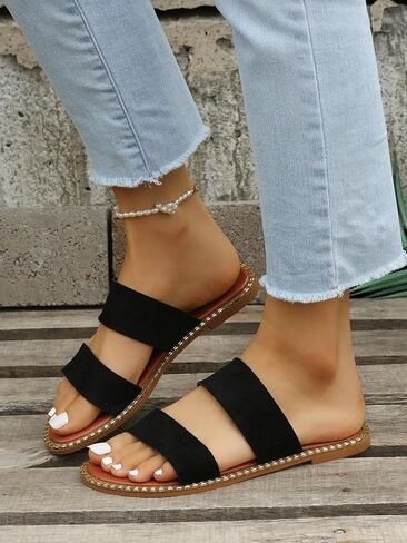 Verdusa Women's Open Toe Beach Summer Flats Suedette Suedette Slide Skidals Black 8 in Kuwait
