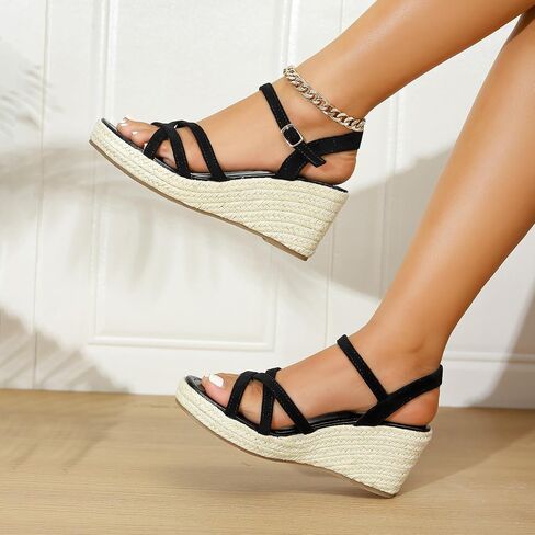 Dressy Open Toe Sandals Platform Wedge Sandals with Cushioned Insole and Ankle Strap Buckle,Strappy Espadrille Wedge Sandals for Women Comfortable Summer in Saudi Arabia