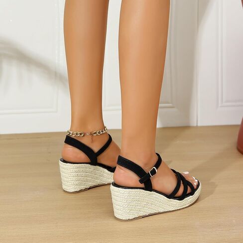Dressy Open Toe Sandals Platform Wedge Sandals with Cushioned Insole and Ankle Strap Buckle,Strappy Espadrille Wedge Sandals for Women Comfortable Summer in Saudi Arabia