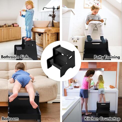 Blyde Wooden Toddler Step Stool for Kids, Toddler Kitchen Stool Helper, Toddler Step Stool with Handle Bamboo Step Stool for Bathroom, Kitchen Dual Height Step Stools for Kids(Black) in Saudi Arabia