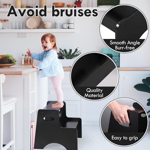 Blyde Wooden Toddler Step Stool for Kids, Toddler Kitchen Stool Helper, Toddler Step Stool with Handle Bamboo Step Stool for Bathroom, Kitchen Dual Height Step Stools for Kids(Black) in Saudi Arabia