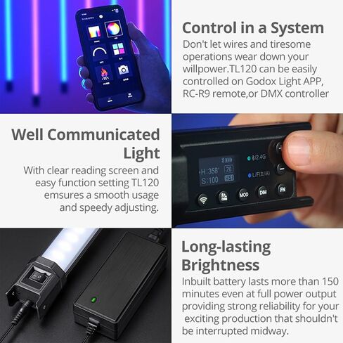 Godox TL120-K4 Tube Light, Full-Color RGB Tube Light, CRI 96 TLCI 98, Color Temper 2700K-6500K, 0-100% Dimmable, 39 FX Effects, 2600mAh Built-in Lithium Battery, Smartphone APP, with Remote Control in Saudi Arabia