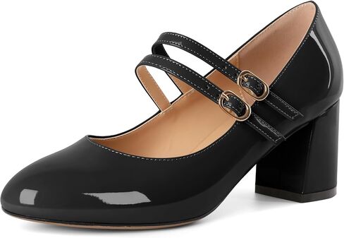 Esvowido Mary Janes Shoes for Women 2.5 Inch Double Straps Low Chunky Heels Comfortable Block Round Closed Toe Pumps in Patent Leather US Sizes 5 to 13 in Kuwait
