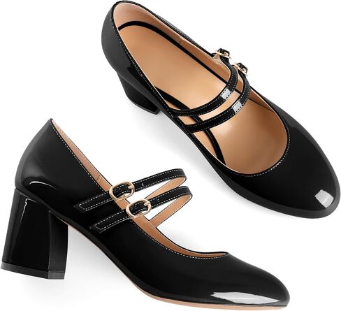 Esvowido Mary Janes Shoes for Women 2.5 Inch Double Straps Low Chunky Heels Comfortable Block Round Closed Toe Pumps in Patent Leather US Sizes 5 to 13 in Kuwait