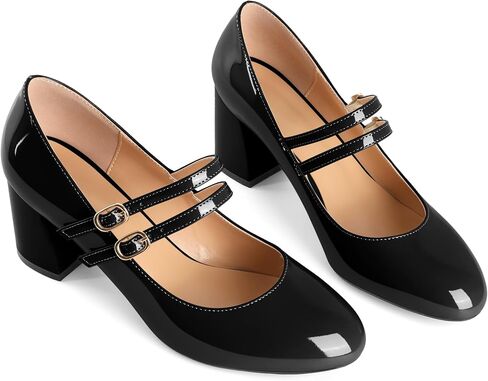 Esvowido Mary Janes Shoes for Women 2.5 Inch Double Straps Low Chunky Heels Comfortable Block Round Closed Toe Pumps in Patent Leather US Sizes 5 to 13 in Kuwait
