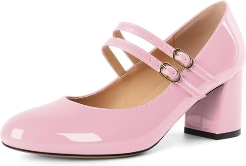 Esvowido Mary Janes Shoes for Women 2.5 Inch Double Straps Low Chunky Heels Comfortable Block Round Closed Toe Pumps in Patent Leather US Sizes 5 to 13 in Kuwait
