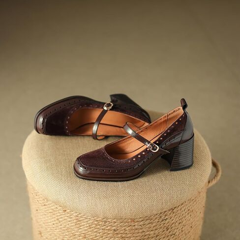 U-lite Women's Pumps Mary Jane High Heel Square Toe Oxfords Dress Shoes Casual Style Brown 8 in Saudi Arabia