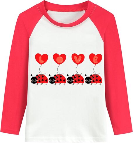 DDSOL Toddler Little Girl Valentine Day Shirt Love Heart Ladybug Tshirt Red White Raglan Long Sleeve Kid Tee Top in Saudi Arabia