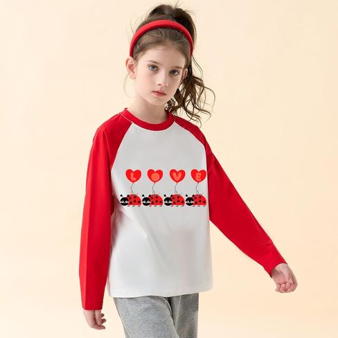 DDSOL Toddler Little Girl Valentine Day Shirt Love Heart Ladybug Tshirt Red White Raglan Long Sleeve Kid Tee Top in Saudi Arabia