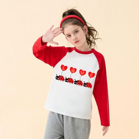 DDSOL Toddler Little Girl Valentine Day Shirt Love Heart Ladybug Tshirt Red White Raglan Long Sleeve Kid Tee Top in Saudi Arabia
