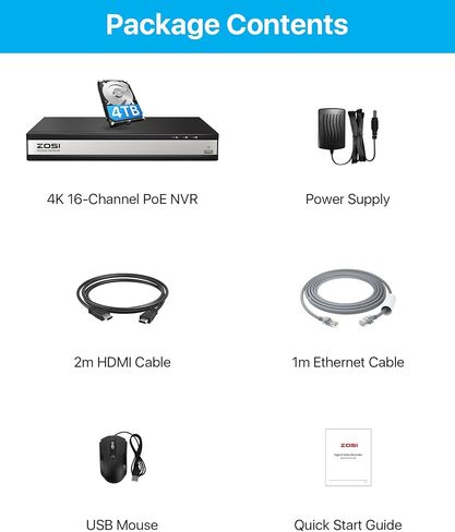 ZOSI 4K 16CH PoE NVR System with 4TB HDD for 24/7 Recording, Playback, Remote Access, Motion Detection, 16 Channel H.265+ Network Video Recorder only Work with ZOSI 2MP/4MP/5MP/8MP PoE IP Cameras in Saudi Arabia
