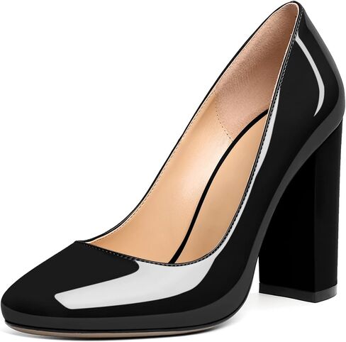 SAMMITOP Women's Round Toe Block Heel Pumps Slip On Chunky Patent High Heels Classic Wedding Dress Shoes for Party Events 4 Inches in Kuwait