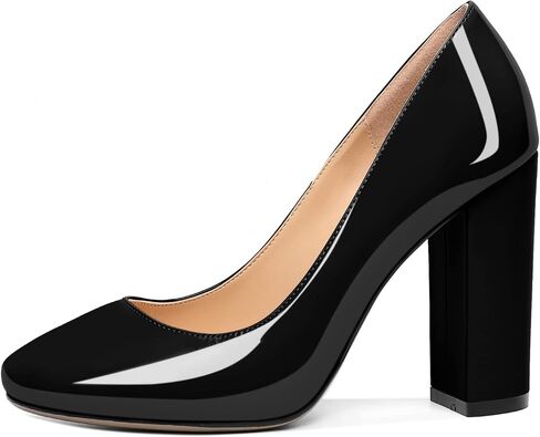SAMMITOP Women's Round Toe Block Heel Pumps Slip On Chunky Patent High Heels Classic Wedding Dress Shoes for Party Events 4 Inches in Kuwait