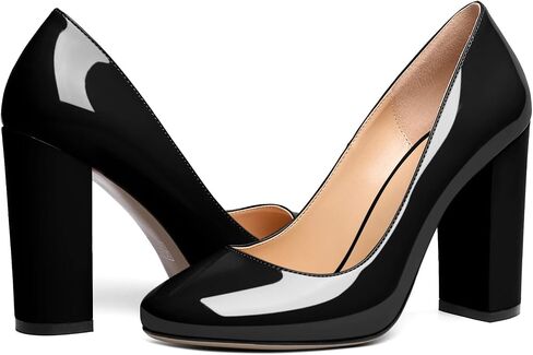 SAMMITOP Women's Round Toe Block Heel Pumps Slip On Chunky Patent High Heels Classic Wedding Dress Shoes for Party Events 4 Inches in Kuwait