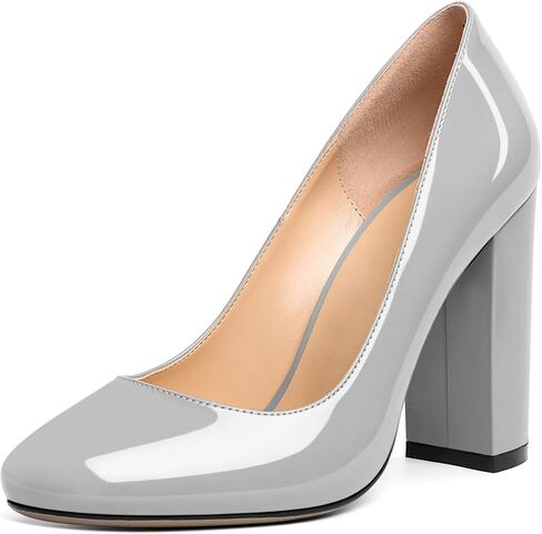 SAMMITOP Women's Round Toe Block Heel Pumps Slip On Chunky Patent High Heels Classic Wedding Dress Shoes for Party Events 4 Inches in Kuwait
