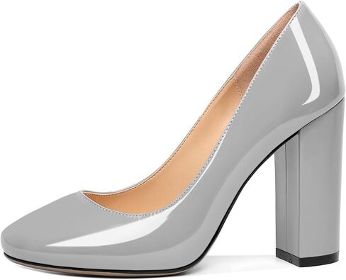 SAMMITOP Women's Round Toe Block Heel Pumps Slip On Chunky Patent High Heels Classic Wedding Dress Shoes for Party Events 4 Inches in Kuwait