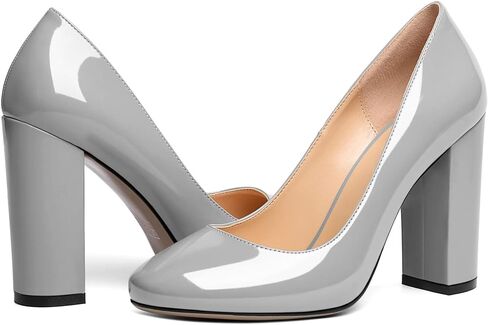 SAMMITOP Women's Round Toe Block Heel Pumps Slip On Chunky Patent High Heels Classic Wedding Dress Shoes for Party Events 4 Inches in Kuwait