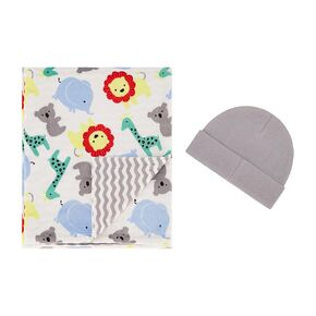 Reversible Baby Blanket with Matching Newborn Hat | Soft Cozy Swaddling Blanket for Babies and Toddlers | Infant Gifts for Baby Showers and Christenings, Jungle Leaves