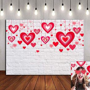 Bokeh Red Heart Valentine's Day Photo Background 7x5ft Rustic White Brick Wall Party Decorations Photography Backdrop Bridal Shower Supplies Photo Booths Portraits Banner