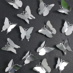 Seyal 3D DIY Mirror Metallic Butterfly Wall Decor, Silver, 48Pcs 4 Styles 3 Sizes, Removable Stickers Wall Decor Room Mural for Party Cake Decoration Kids Bedroom Nursery Classroom Wedding Decor DIY