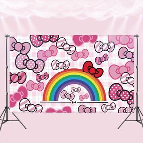 Pink Bow tie Backdrop Birthday Decorations, Anime Hello Cat Birthday Party Banner for Kids and Girls Kid Party Theme Supplies