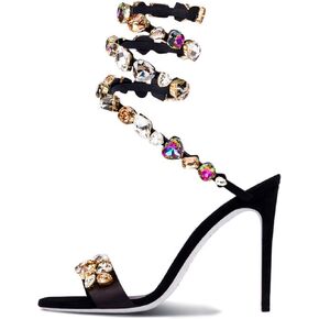 Women's High Heel Round Toe Sandals Snake Wrap Colourful Stone Sandals Women Fashion Rhinestone Ankle Lace Up Banquet Shoes