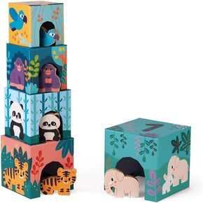 Janod - WWF - 6 Block Stacking Tower with Wooden Animals - Ages 12 Months+ - J08623