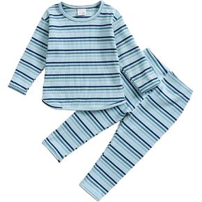 Emmababy Baby Girl Striped Outfit Infant Boy Sweatsuit Set Ribbed Sweater Long Sleeve Tops Knit Pants Toddler Fall Clothes