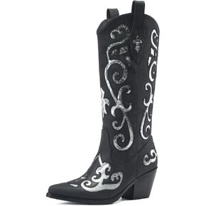 Women's Western Knee-high Boot Cowboy Boots for Women Cowgirl Mid Calf Boots Floral Embroidery Pointed Toe Chunky Heel 2.5" Ladies Western Boot