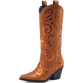 Women's Western Knee-high Boot Cowboy Boots for Women Cowgirl Mid Calf Boots Floral Embroidery Pointed Toe Chunky Heel 2.5" Ladies Western Boot in Kuwait