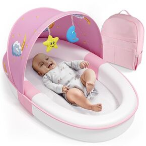 Portable Baby Lounger for Newborn Nest: Lightweight Soft Cotton Travel Bassinet for 0-12 Months Toddler - 2 in 1 Canopy and Mensh Cover Co-Sleeping for Infants Travel Essentials (Pink)