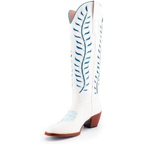 SIFINELAR Womens Cowboy Boots, Retro Embroidery Mid Calf Cowgirl Boots, Chunky Heel Western Boots Pointed Toe Knee High Cowboy Boots Women with Contrast Foliage