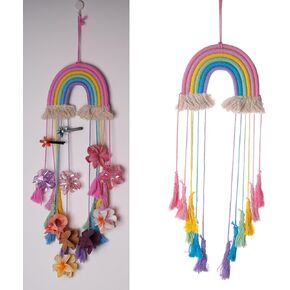 Cotton Rainbow Wall Hanging - Bow Holder for Girls Hair Bows, Multicolor Handcrafted Tassel Decor, Versatile Nursery Accessory, Easy to Hang (A)