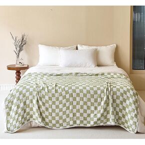 6-Layer Gauze 100% Cotton Muslin Blanket Green Checkerboard Baby Blanket Lightweight Soft Breathable Checkered Blanket for Sofa Bed Coverlet Both Sides30 x40
