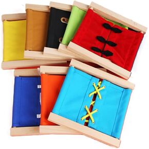 Practical Life Dressing Frames Set: Velcro Frame, Big Button Frame, Buckle and Strap Frame, Snap Fastener Frame, Lacing Frame, Bow Tying Frame, Zipper Frame, and Flower Knot Frame