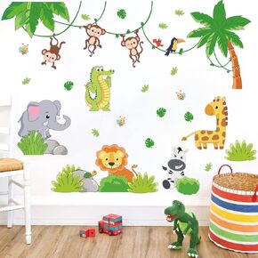 Runtoo Jungle Animal Wall Decals Monkey Elephant Giraffe Wall Stickers for Kids Bedroom Baby Nursery Wall Decor