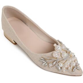 Women's Rhinestone Pumps Fashion Pointed Toe Pearl Diamond Low Heel Dress Wedding Pumps Work Business Dance Pumps