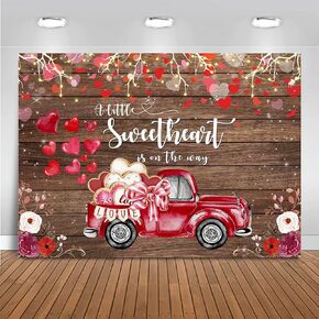 Mocsicka Valentines خلفية استحمام الطفل قليلة الحبيب على الطريق ، زخارف حفلة استحمام الطفل الأحمر شاحنة رفي