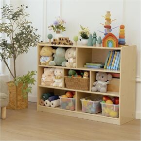 Kids Bookshelf and Toy Storage Shelf, Wooden Montessori Bookshelf, 3-Tier Toy Shelf with 7 Cubby, Classroom Furniture, Birch Children Bookcase, Book Shelf for Kids Room, Nursery, Playroom