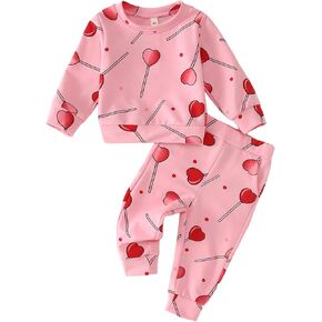 BOUTIKOME Toddler Baby Girls Valentines Day Outfits Heart Print Sweatshirt Long Pants Set 2Pcs Sweatsuit Tops Clothes 1-4T