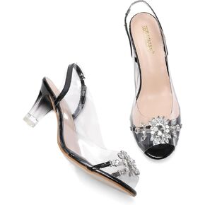 Womens Sparkly Clear Slingback Summer Sandals,Ladies Low Heel Trendy Dressy Casual Rhinestones Sexy Short Heel Glitter Evening Party Bridal Wedding Shoe in Kuwait
