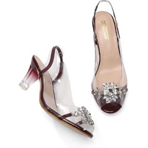 Womens Sparkly Clear Slingback Summer Sandals,Ladies Low Heel Trendy Dressy Casual Rhinestones Sexy Short Heel Glitter Evening Party Bridal Wedding Shoe