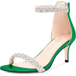 100FIXEO Women's Rhinestone Low Stiletto Heels Ankle Strap Open Toe Heeled Sandals Wedding Dress Shoes